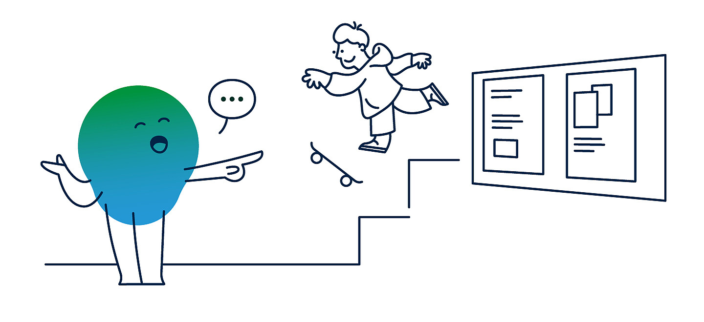 Illustration der degewo-Erklärfigur Kalle zum Thema Hausordnung. Zu sehen ist ein Treppenhaus, in dem ein Kind Skateboard fährt. Kalle verweist auf die Hausordnung am Aushang.