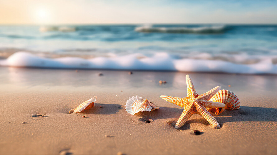 An einem Strand liegen vier Muscheln im Sand. Im Hintergrund sind Wellen zu sehen. Die Sonne geht unter.