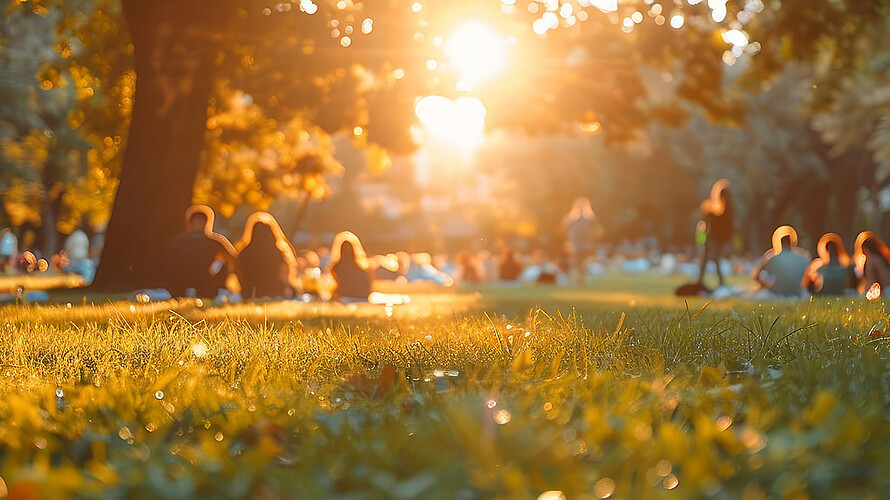 Leute sitzen auf Picknickdecken in einem grünen Park. Es ist Sommer. Die Sonne geht gerade zwischen den Bäumen im Hintergrund unter.